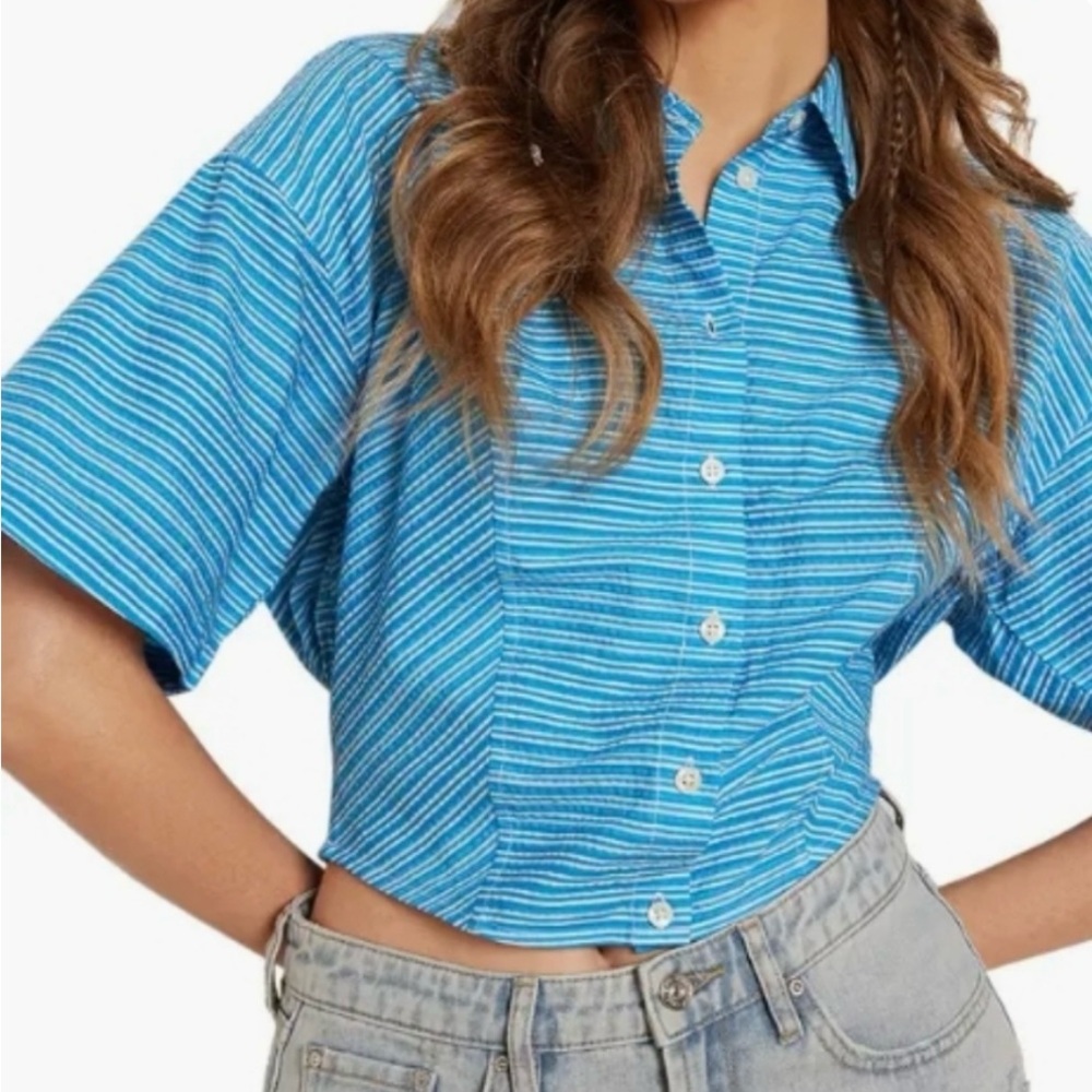CIRCUS NY 100% COTTON “NICOLE” CROPPED STRIPED BUTTON DOWN SHIRT 19” PTP